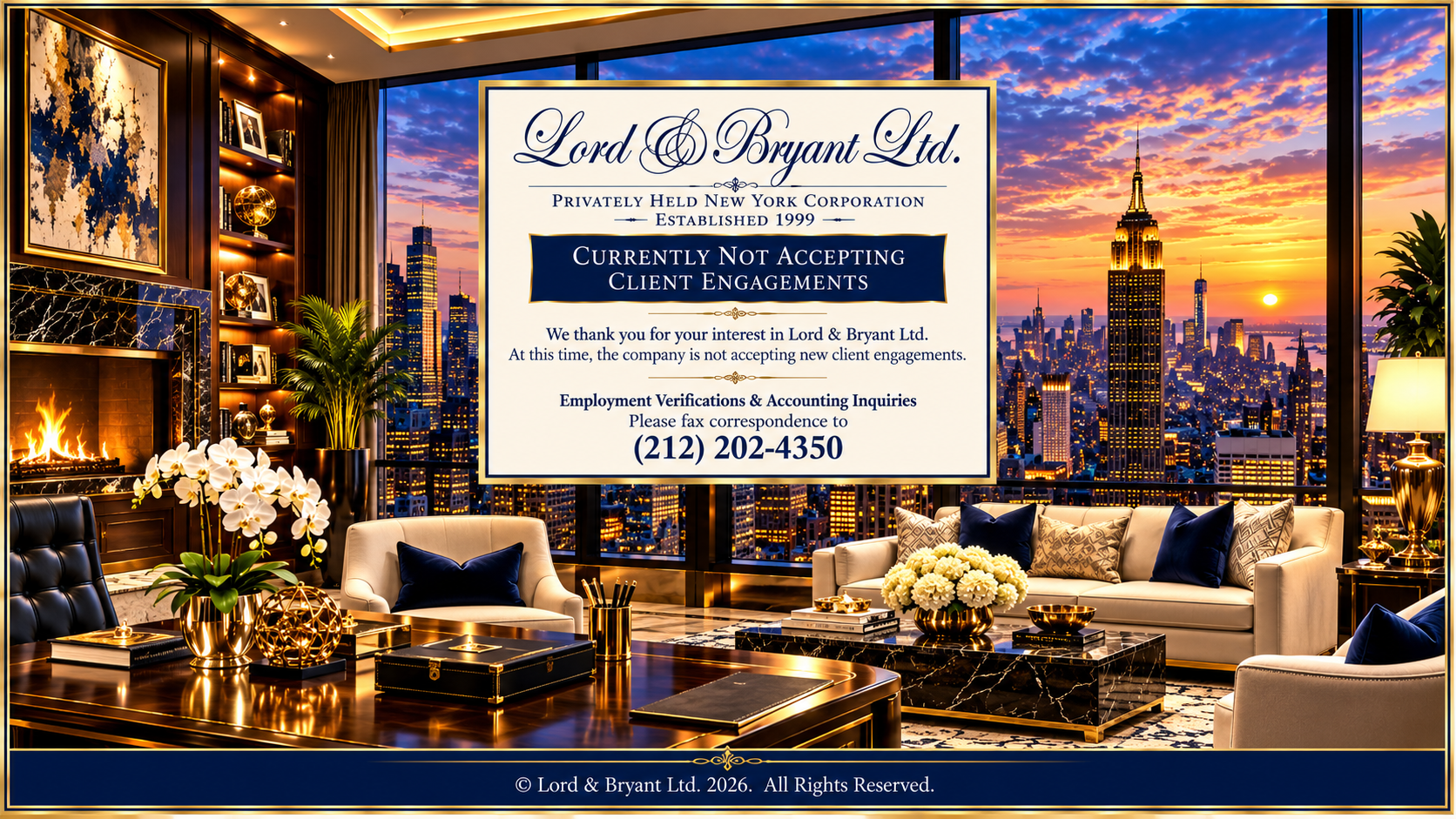 Lord & Bryant Ltd. announcement in a luxury Manhattan executive lounge.